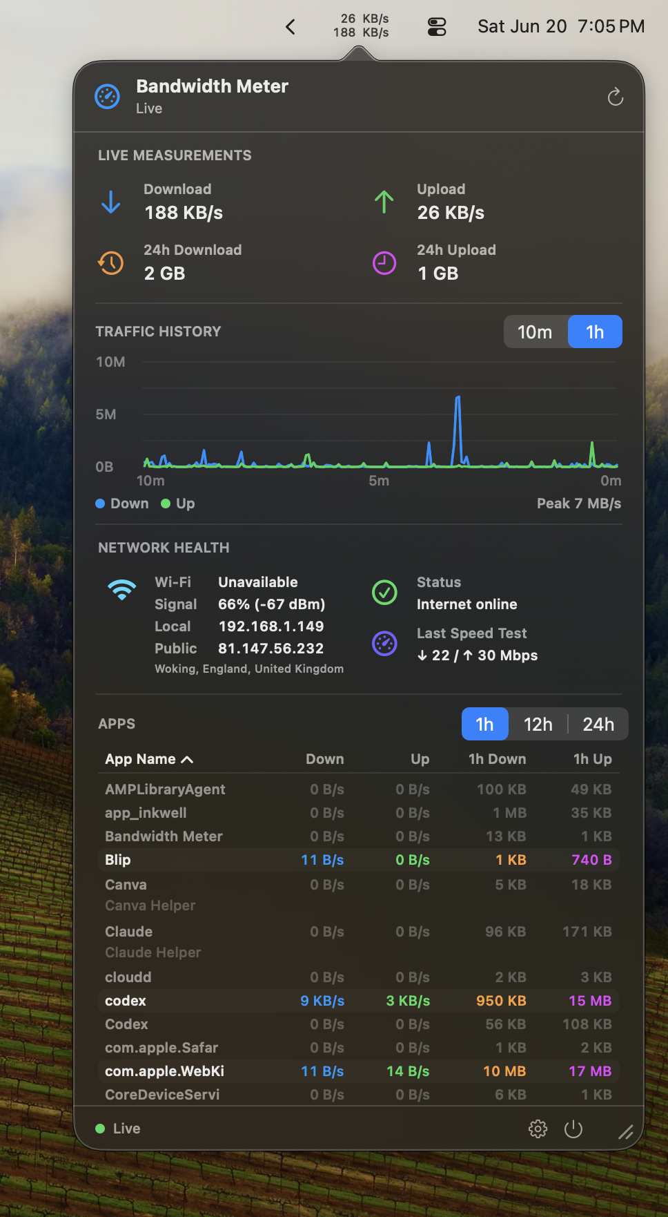 Bandwidth Meter running on macOS — the menu bar strip showing live up/down rates, and the popover dropped down beneath it showing live measurements, a traffic-history graph, Wi-Fi and public-IP details, connection state, last speed test, and a per-app traffic table.