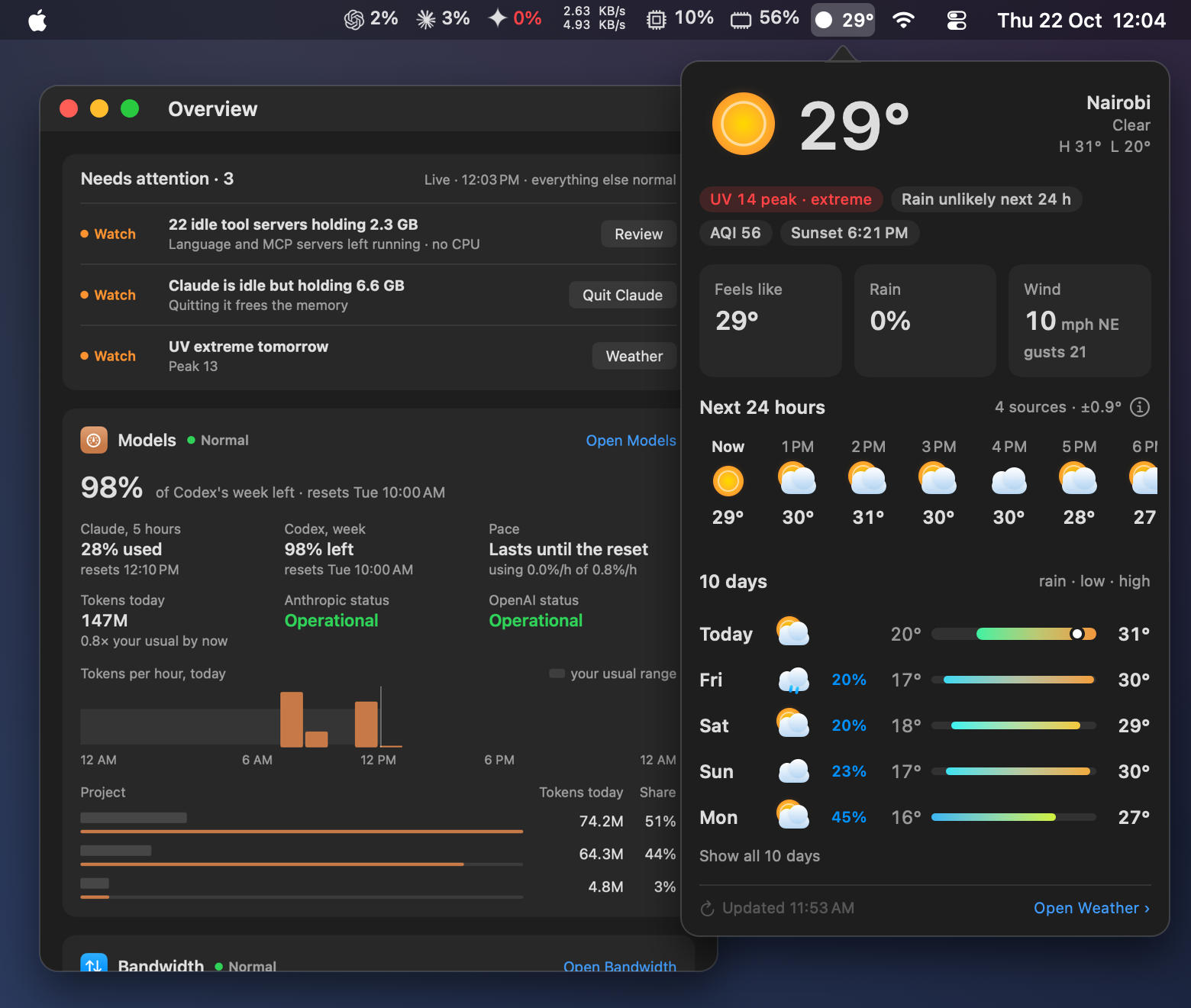 The Mac menu bar with the four Infometers items. The Weather item is open, its dropdown hanging below it, beside the Overview window showing Needs attention and Models.