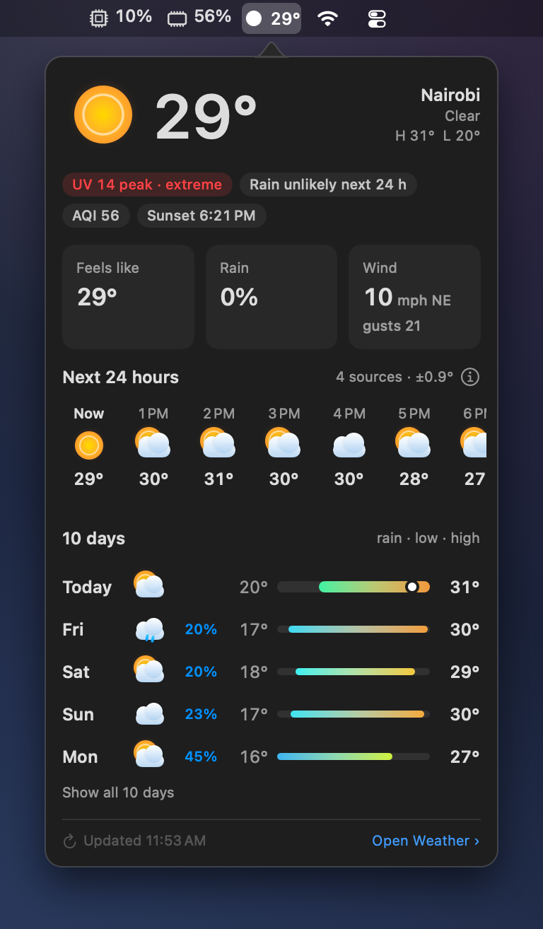 The Weather item highlighted in the menu bar, with its dropdown below: conditions in Nairobi, the next hours and ten days.