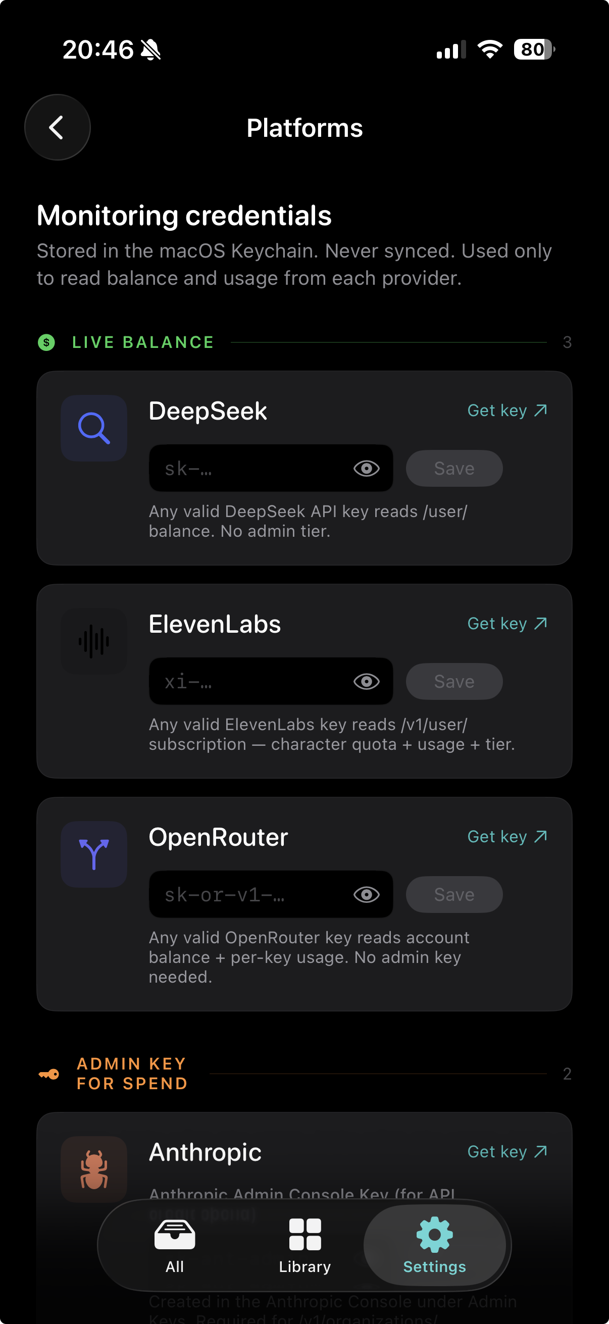 Platforms screen on iPhone — DeepSeek, ElevenLabs, OpenRouter live-balance cards.