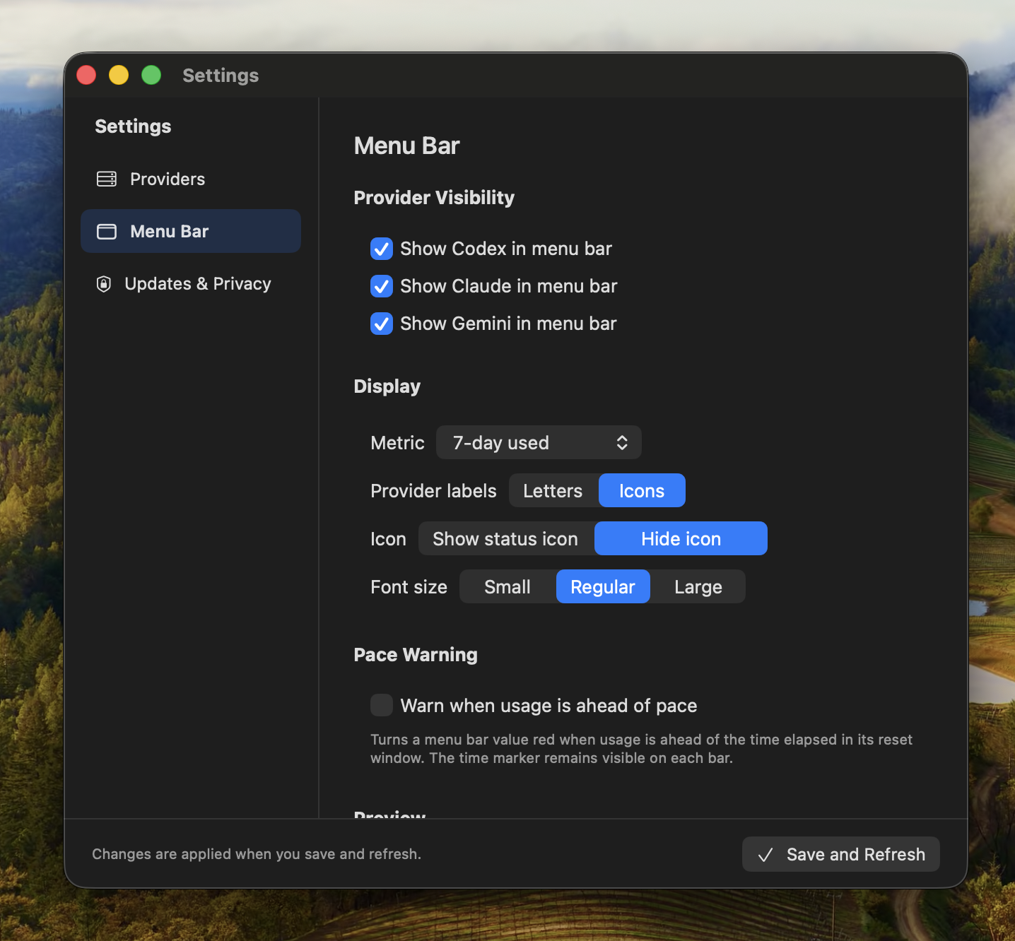 Model Meter's redesigned settings panel — sidebar navigation with the Menu Bar tab selected, showing per-provider visibility toggles for Codex, Claude, and Gemini.